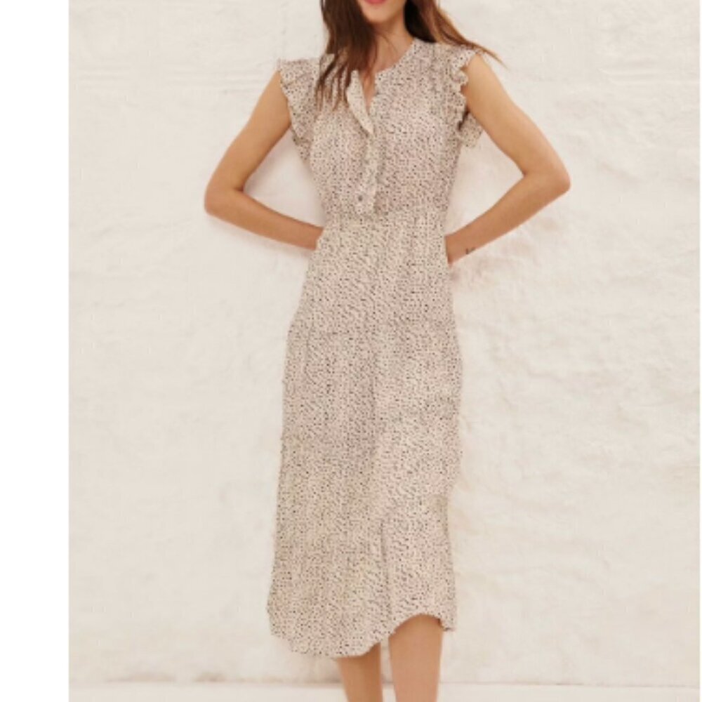 ba&sh Alienore Ruffle Cream Dot Printed Midi Dress
